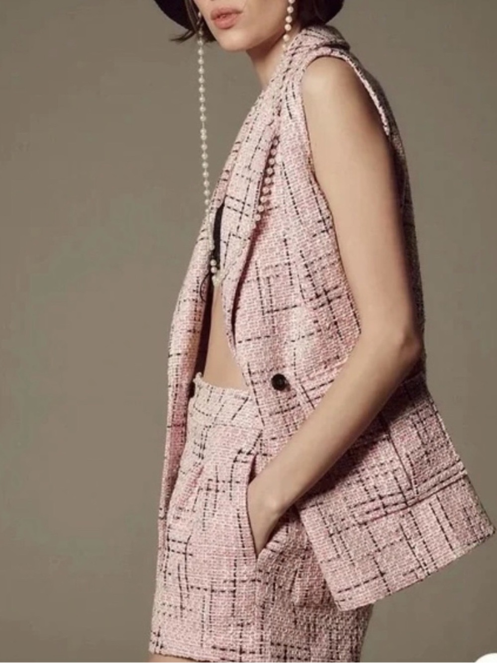 Maeve Pink Tweed Sleeveless Blazer